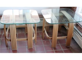 Pair Ficks Reed Bamboo & Glass Top Side Tables