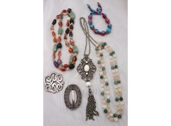 Lot Includes 2 Natural Stone Necklaces, & 3 Silver Tone Pieces
