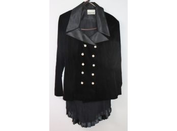 Velvet Double Breasted Blazer With Faux Pearl Buttons & Chiffon Pleated Skirt
