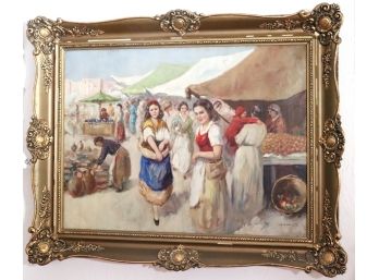 Vintage Oil Painting Of Pretty Market Girls Signed Szollosy In Baroque Gold Frame
