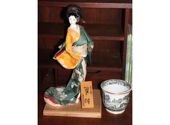 Japanese Geisha Figurine On Wood Base & Spode Italian Planter