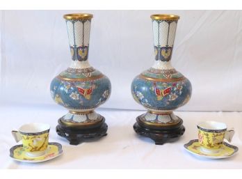 Pair Of Very Finely Detailed Cloisonne Vases On Stands & 2 Demitasse Cups