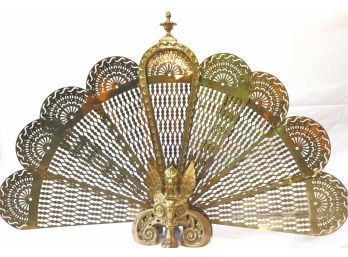 Antique Peacock Fan Style Brass Fireplace Screen With Winged Griffin Design