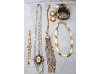 Pulsar Ladies Watch, 2 Chunky Bone Cuff Bracelets, & Monet Necklace