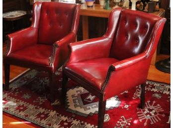 Pair Of Burgundy Color Naugahyde Wing Chairs With Nail Heads