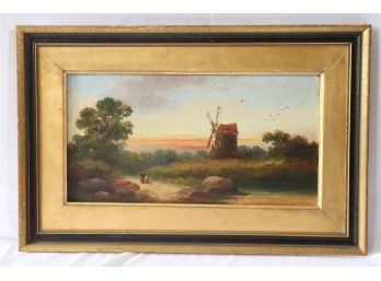 Antique Dutch Landscape Painting At Sunset With Windmill & Villagers