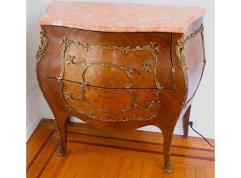 Antique Bombe Chest With Inlaid Marquetry, Marble Top & Elaborate Ormolu