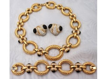 Vintage Necklace, Bracelet & Earrings Set With Gold Links & Black Cabochons
