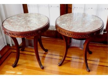 Pair Of Antique Neoclassical Style Marble Top End Tables With Greek Key Border