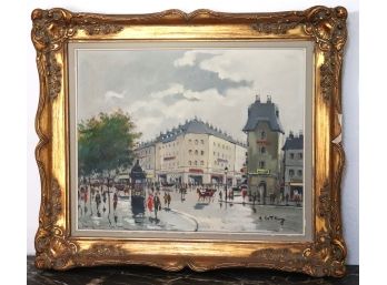 Parisian Street Scene Painting Signed A. De Fleury In Gold Frame