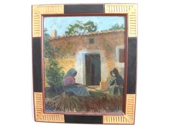 Framed Hungarian Painting Of Provincial Women By An Open Hearth, Signed By Artist