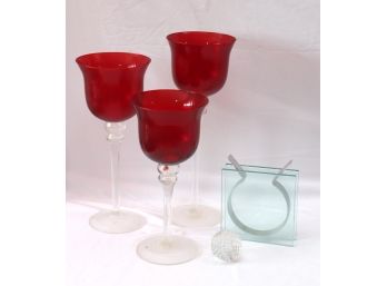 Tall Red Glass Votive Candle Holders, MOMA Vase & Waterford Baseball