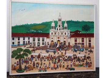 Vintage Painting Of South American City Plaza Signed D. Bustos, 1980