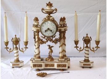 Very Fine Antique Alabaster Clock Garniture With Cupid By Planchon Paris Includes Clock & Candlesticks