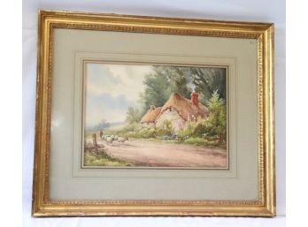 Antique Framed Watercolor Painting Signed A. Ramus Of Shepherd & Cottage