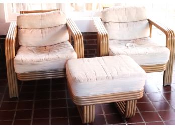 Pair Of Ficks Reed Funky 50s Style Bamboo Armchairs & Ottoman