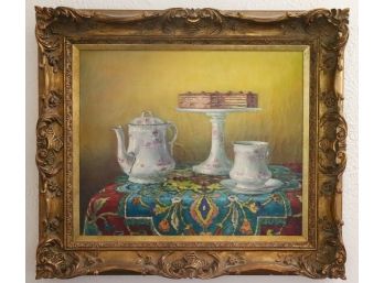 Listed Hungarian Artist G. Takacs Still Life Painting On Canvas In Gold Rococo Frame
