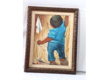 Original Colombian Painting Of Little Boy In Blue Signed By Artist