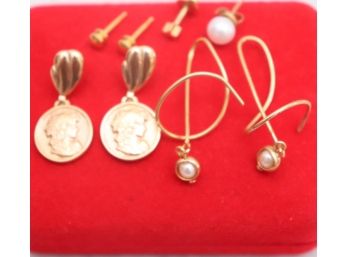 Two Pairs Of Vintage Gold Earrings With Small Coin Center & More