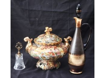 Royal Satsuma Hand Painted Covered Urn, Smokey Glass Decanter With Gold Border & Bell