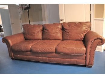 Natural Light Brown Leather Roll Arm Sofa With Nail Head Trim