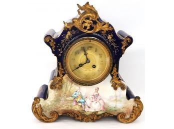 Gorgeous Antique Cobalt Blue Porcelain Clock With Painted Lovers On Front Signed Petit