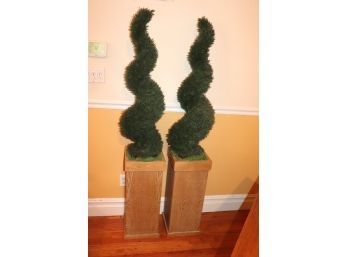 Pair Of Faux Boxwood Spiral Decorative Topiary Trees In Wooden Planters