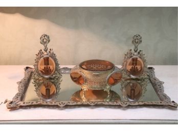 Art Deco Amber Color Vanity Set With Mirrored Tray Jewel Box & Perfume Bottles