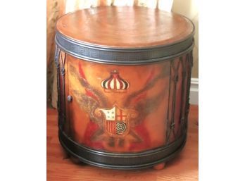 Vintage Decorative Drum Table With Leather Top, Metal Enhancements & Painted Design