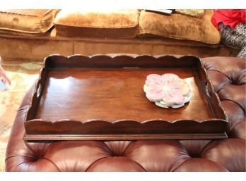 Georgian Style Wood Handled Tray With Scalloped Edge