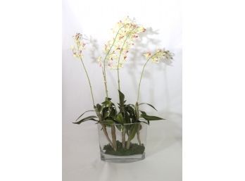 Oblong Glass Vase With Floral Arrangement Of Yellow Orchids