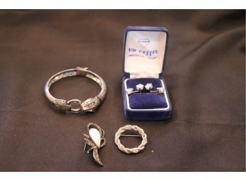 Lot Of Sterling Silver Jewelry, Cougar Bracelet & CZ Pear Drop Earrings