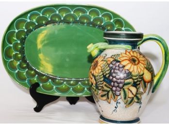 Hand Made Italian Ceramic Platter & Grape Motif Pitcher