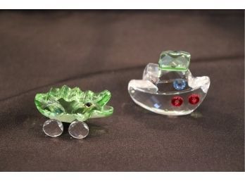 Two Swarovski Small Crystal Collectable Pieces With Tugboat & Alligator