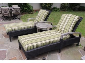Pair Of Gloster Outdoor Furniture Weather Wicker Chaise Lounges & Side Table