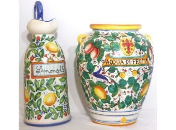Two Italian Majolica Style Urns With Hand Painted Fruits