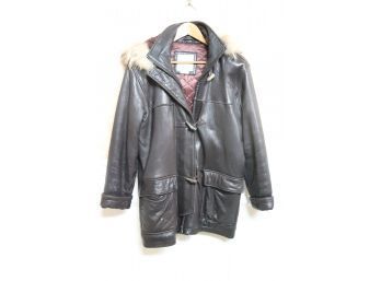 Andrew Marc Ladies Leather Jacket With Fur Trim Hood