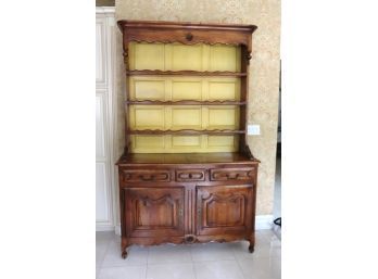 Country French China Cabinet / Hutch With Provenal Yellow Painted Interior