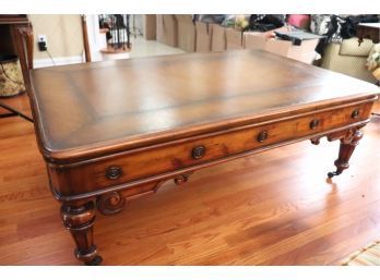 Large English Country House Coffee Table With Embossed Leather Top