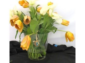 Large Glass Vase With Faux Floral Long Stemmed Yellow Tulips