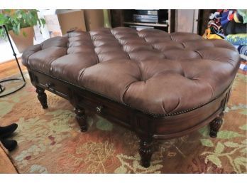 Oversized Tufted Leather Ottoman With Carved Legs & Drawers