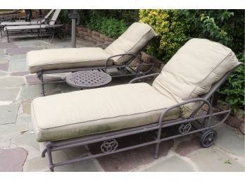Pair Of Atlantic Shores Aluminum Lounge Chairs With Gloster Cushions & Small Side Table