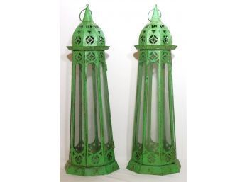 Pair Of Tall Decorative Lanterns With Verdigris Metal Finish & Glass Panels