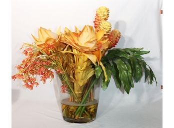 Large Glass Vase With Faux Tropical Flowers & Palm Leaves