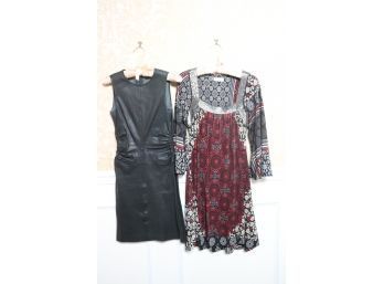 Theory Sleeveless Leather Dress & Bandana Print Dress With Bead Detailing