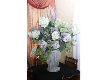 Oversized Faux Floral Arrangement Of Hydrangeas In Cement Style Vase
