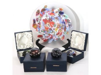 Millefiori Style Platter & 4 Limited Ed. Peter Holmes Art Glass Paperweights
