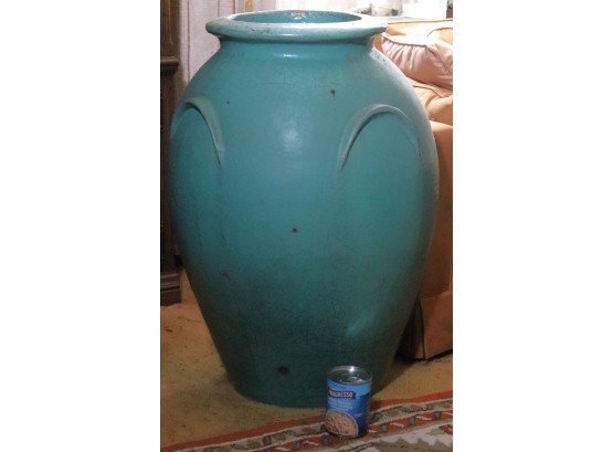 Vintage Oversized Ceramic Jar With Turquoise Craquelure Finish & Drain Spout