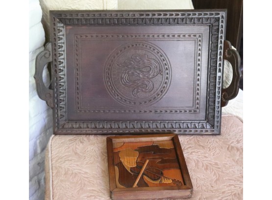 Carved Wood Items With Wall Plaque Of Violin Player & Tray With Snake Motif