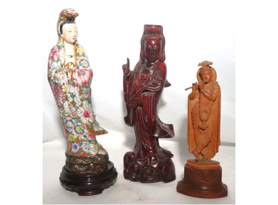 Asian Carved Wood Figurines & Hand Painted Porcelain Goddess